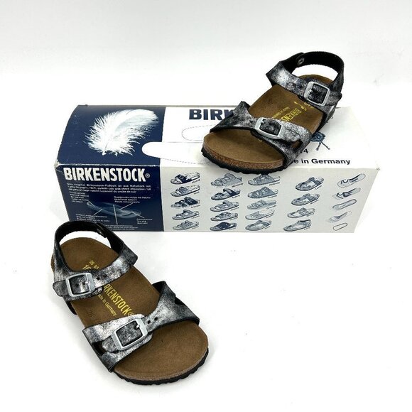 NIB BIRKENSTOCK Girls Kids Rio Black Silver Metallic Sandal Shoes Size 26 / 8 - Picture 1 of 6